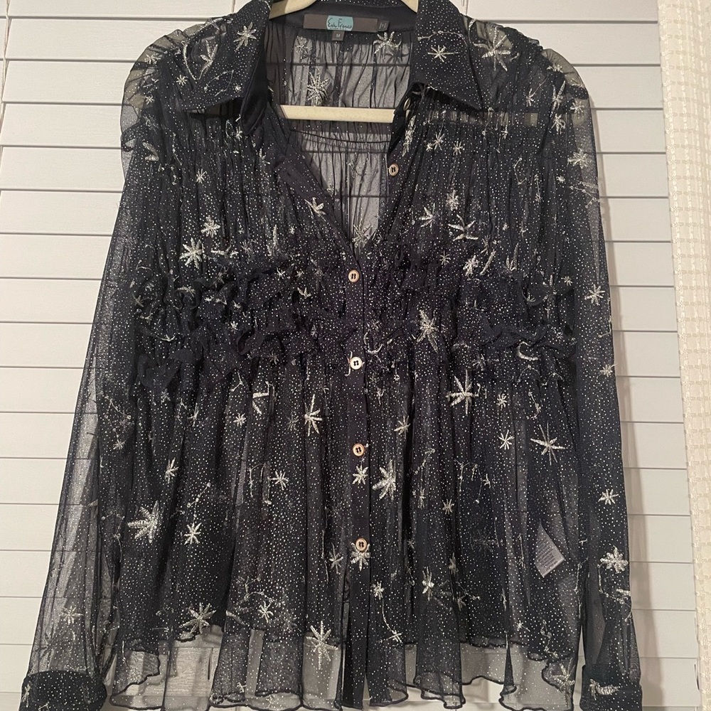 Eva Franco, Blue sheer star embroidered button up